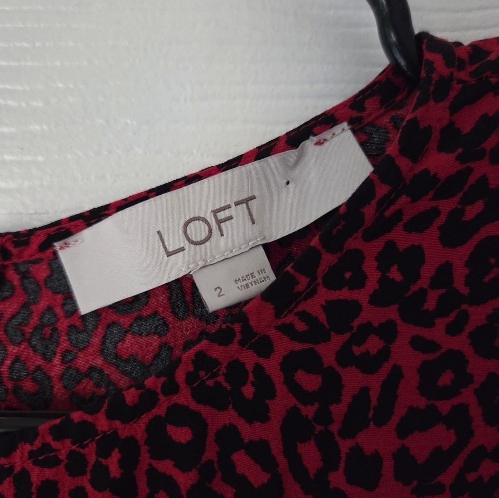 LOFT Midi Dress 2 Red and Black Leopard Animal Print Slit Dress - Picture 3 of 12